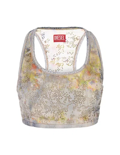 Diesel Embellished Denim De-detop-fse Crop-top In Gray