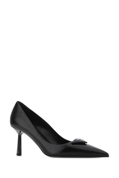 Prada Leather Pumps With Glossy Finish And Pointed Toe In Black
