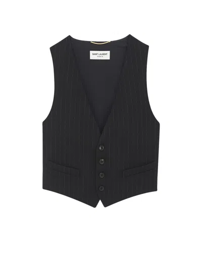 Saint Laurent Cropped Pinstripe Wool Vest In Black