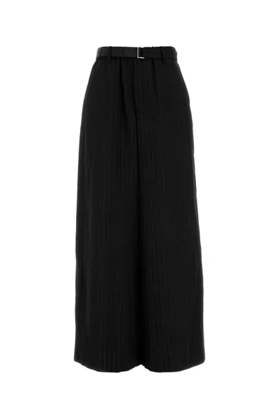 Sacai Wide-leg Wool Trousers With Belted Waist In Black
