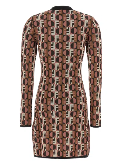 Fendi Shiny Jacquard Viscose Mini Dress With Geometric Pattern In Brown
