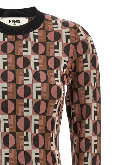 Fendi Shiny Jacquard Viscose Mini Dress With Geometric Pattern In Brown