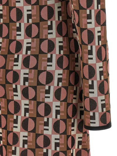 Fendi Shiny Jacquard Viscose Mini Dress With Geometric Pattern In Brown