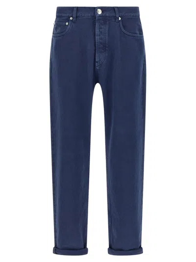 Brunello Cucinelli Garment-dyed Logo-patch Jeans In Blue
