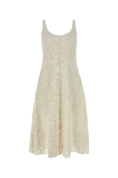 Prada Lace Overlay A-line Silhouette Midi Dress In Neutral
