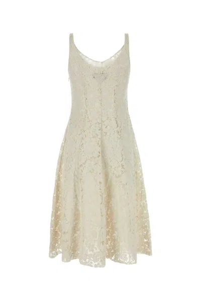 Prada Lace Overlay A-line Silhouette Midi Dress In Neutral