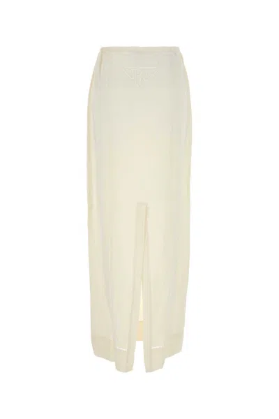 Prada Linen Skirt With Elastic Waistband And Front Slit In Neutral