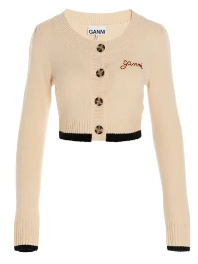Ganni Cardigan In Wool And Cashmere Blend In Neutral