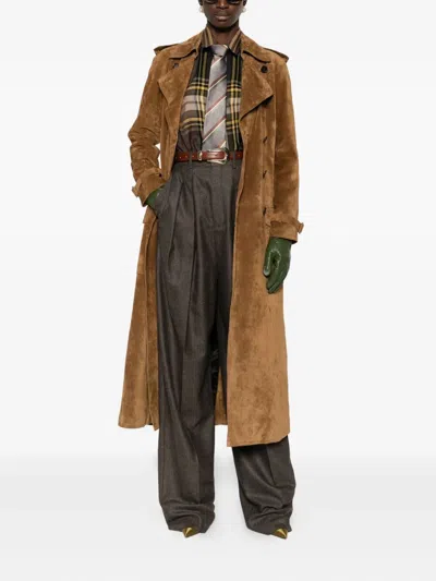 Saint Laurent Double Breasted Belted Trench Coat In Brown