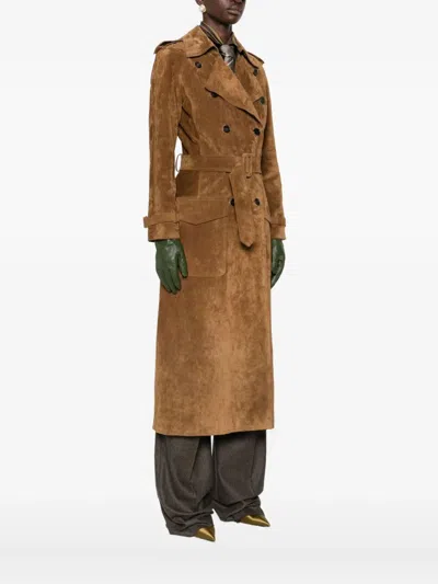 Saint Laurent Double Breasted Belted Trench Coat In Brown
