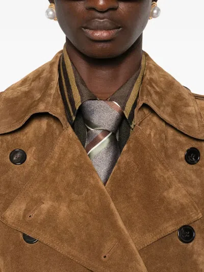 Saint Laurent Double Breasted Belted Trench Coat In Brown