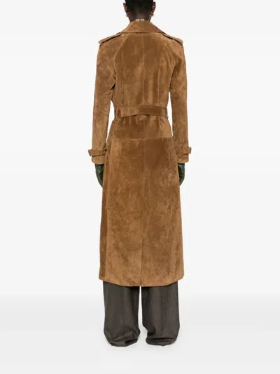 Saint Laurent Double Breasted Belted Trench Coat In Brown