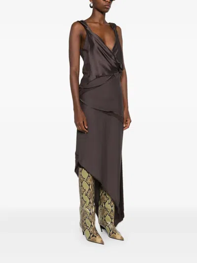Attico Asymmetrical Midi Dress With Twisted Detail In Brown