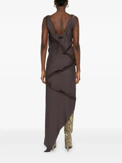 Attico Asymmetrical Midi Dress With Twisted Detail In Brown