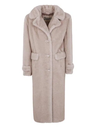 Herno Long Faux Fur Coat With Notched Lapels In Neutral