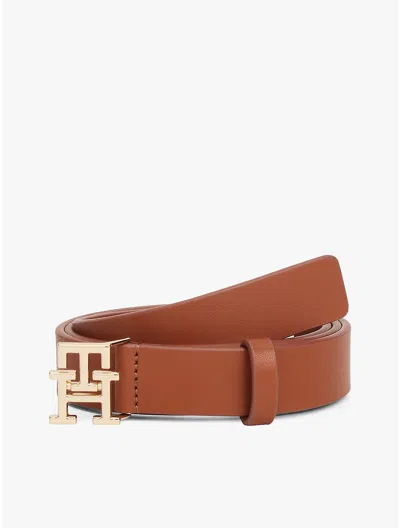 Tommy Hilfiger Monogram Buckle Leather Belt In Brown