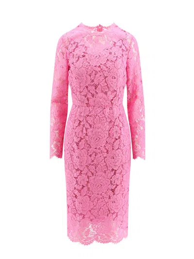 Dolce & Gabbana Midi Dress In Floral Cordonnet Lace In Pink