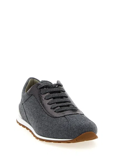Brunello Cucinelli Women Low-top Wool Flannel Sneakers With Leather Profiles In Black