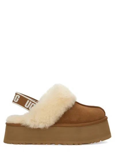 Ugg Platform Mules Made Of Camel-colored Leather With Faux Fur And Elastic Back In Brown