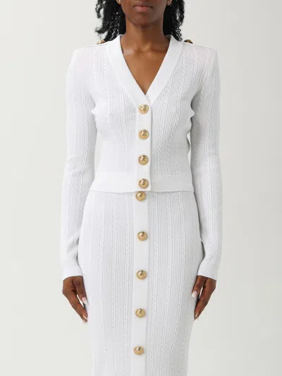 Balmain V-neck Cable Knit Cardigan With Gold-tone Buttons In White