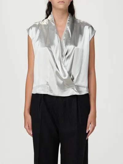 Alberta Ferretti Shiny Satin Blouse With Draped Revers In White