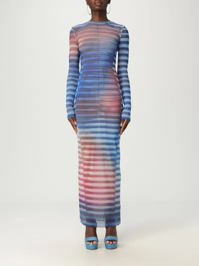Jean Paul Gaultier Mesh Striped Bodycon Maxi Dress In Blue