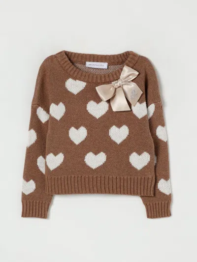 Monnalisa Brown Sweater For Girl With Hearts In Brown