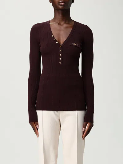Elisabetta Franchi Fitted Ribbed Knit Top With Decorative Buttons And Gold Accent In Brown