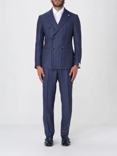 Luigi Bianchi Double-breasted Navy Virgin Wool Suit With Pinstripe Pattern In Blue