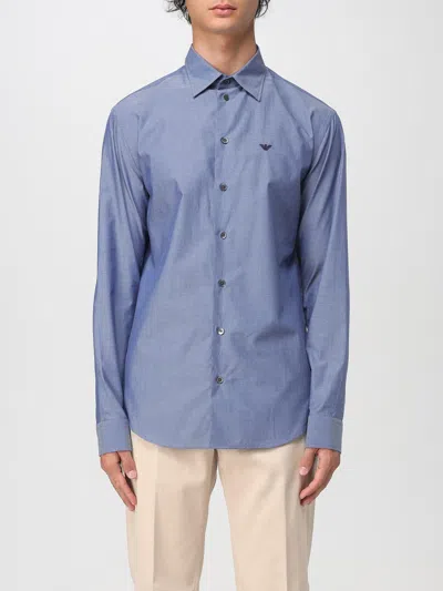 Emporio Armani Cotton Shirt With Button-down Collar And Cuffs In Blue