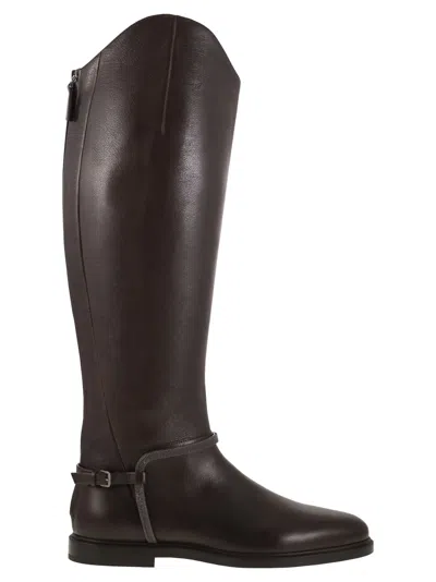 Brunello Cucinelli Classic Leather Boot With Precious Spurs In Brown