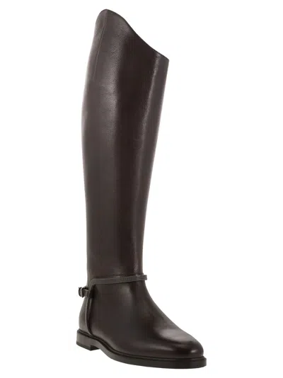 Brunello Cucinelli Classic Leather Boot With Precious Spurs In Brown