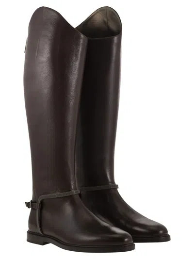 Brunello Cucinelli Classic Leather Boot With Precious Spurs In Brown