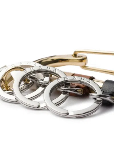 Prada Womens Black Carabiner Leather And Metal Keychain In Gold