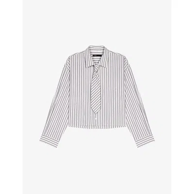 Maje Womens Ecru Stripes Rhinestone-embellished Tie-neck Stretch-cotton Shirt In Multi