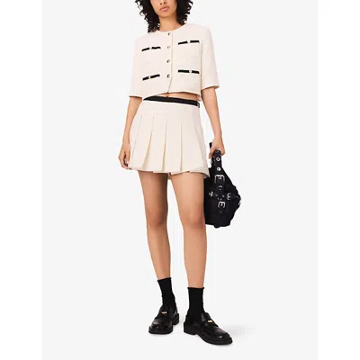Maje Womens Ecru Contrast-trim Pleated Lurex Tweed Skort In White