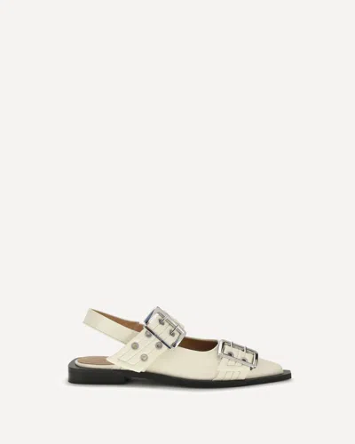 Ganni Egret Slingback Ballet Flat Shoe With Buckles In White