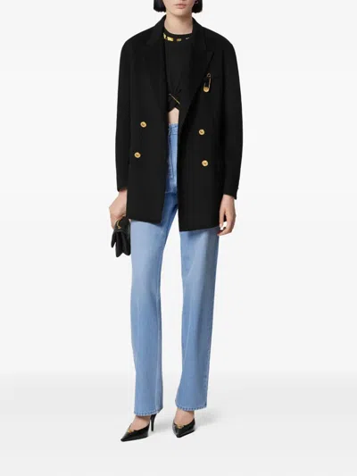 Versace Statement Safety Pin Double-breasted Coat In Black