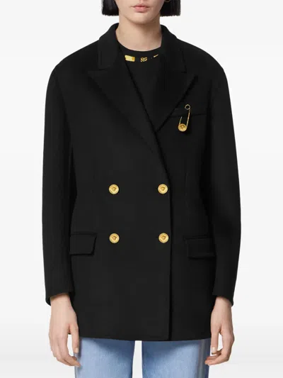 Versace Statement Safety Pin Double-breasted Coat In Black