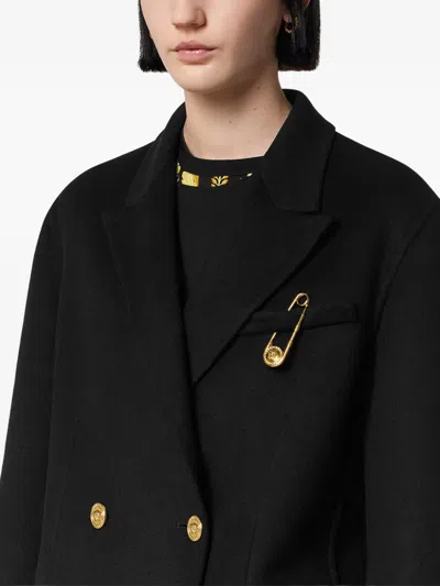Versace Statement Safety Pin Double-breasted Coat In Black