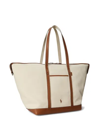 Polo Ralph Lauren Bellport Leather-trimmed Canvas Tote Bag In Neutral