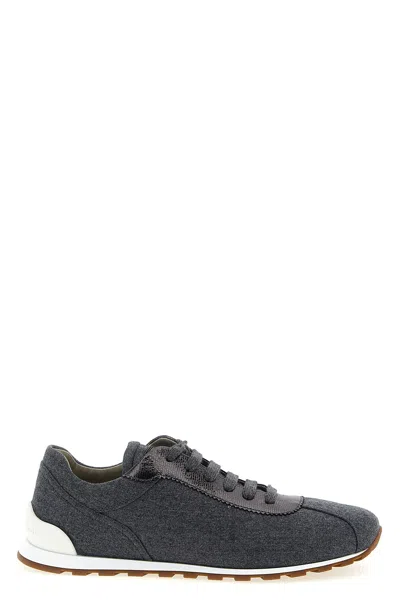Brunello Cucinelli Women Low-top Wool Flannel Sneakers With Leather Profiles In Black