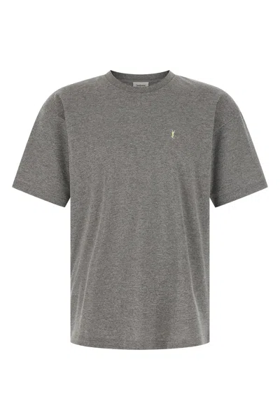Saint Laurent Grey Crewneck T-shirt With Cassandre Embroidery In Cotton Man In Gray
