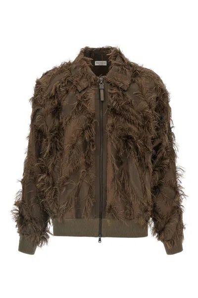 Brunello Cucinelli Brown Dracaena Fil Coupé Shiny Zipper Pull Bomber Jacket In Brown