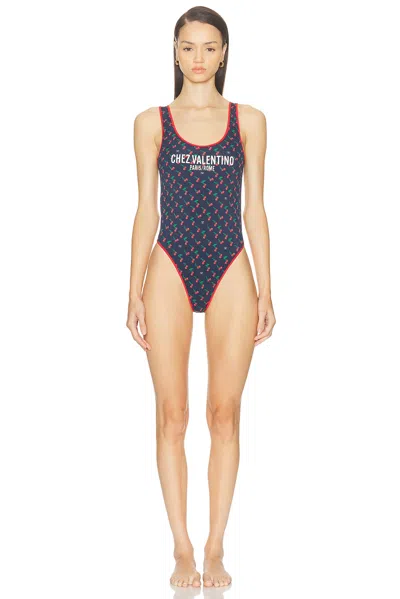 Valentino Garavani Lycra Swimsuit With Cherryfic Print In Blue