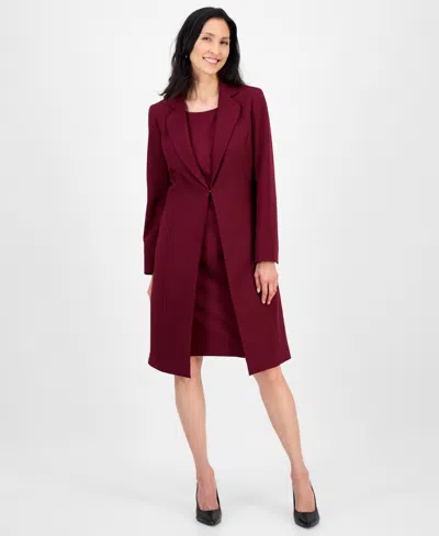 Le Suit Women's Topper Jacket & Sleeveless Dress Suit Set, Regular & Petite In Burgundy