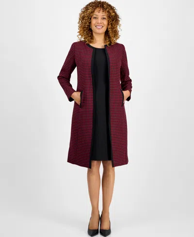 Le Suit Women's Houndstooth Topper Jacket & Sleeveless Dress Suit Set, Regular & Petite In Burgundy