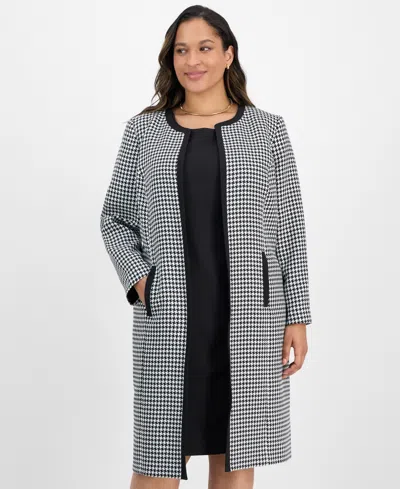 Le Suit Plus Size Houndstooth Topper Jacket & Sleeveless Dress Suit Set In Blue