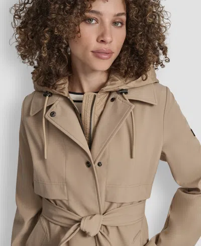 Dkny Women's Hooded Bibbed Belted Trench Coat In Brown