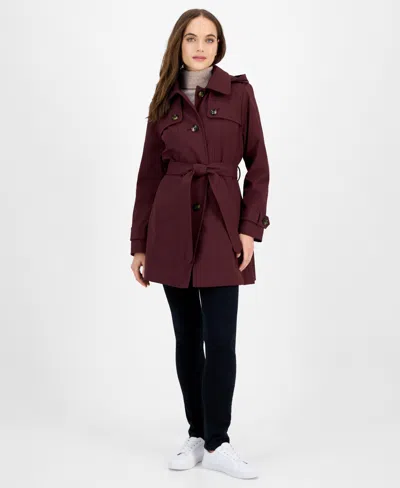 London Fog Women's Hooded Belted Zip-front Raincoat In Burgundy